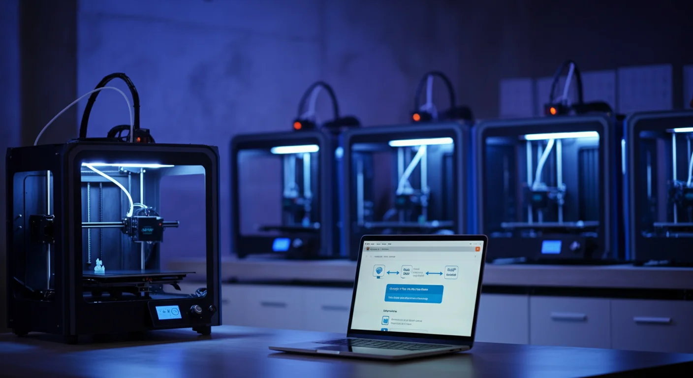 Meerdere 3D-printers actief in een print farm, verbonden met een Shopify-dashboard dat bestellingen automatisch doorstuurt naar de printerwachtrij